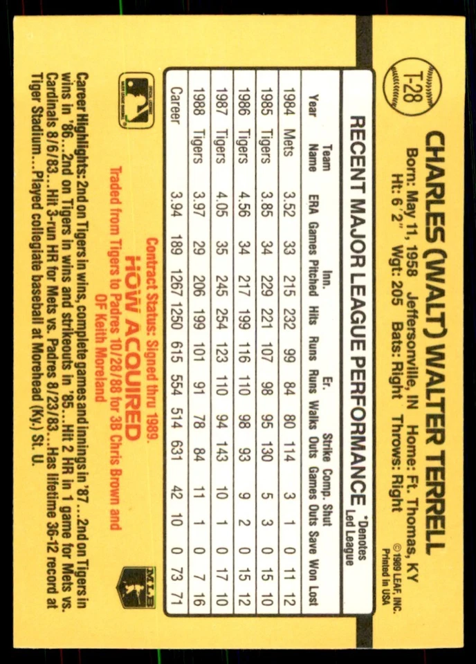 1989 Donruss Traded Walt Terrell Baseball Cards #T-28 - Image 2 of 2