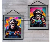 Set of 2 "Gamer Chimps" UNFRAMED Wall Art Print POP ART for Dorm, Game Room1