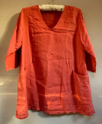 Womens Linen Pre-Shrunk 3/4 Sleeve Tunic Top Orange Pullover Pockets Lightweight