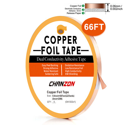 1/4'' X 66FT Copper Foil Tape with Conductive Adhesive for Guitar EMI Shielding