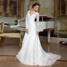 Vintage Lace Mermaid Wedding Dress Long Sleeves V Neck Button Back Bridal Gowns