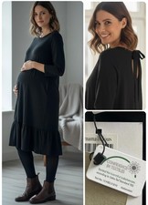 Ladies Mamalicious Organic Cotton Maternity Dress Black 3/4 Tiered Hem Pregnancy