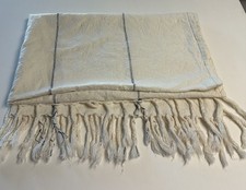 100 Linen Table Runner White Blue Stripe Fringe Rustic Farmhouse 47 x 56 Inch