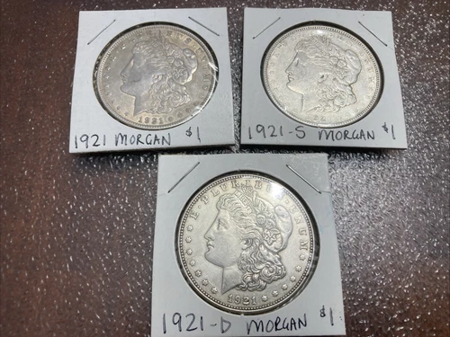 Lot of 1921 $1 Morgan Silver Dollars, All three mints P, D, & S, Fine+ condition