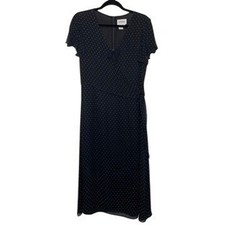 California Style Midi Dress Women 12P Black Polka Dot Silk Flutter Sleeve Retro