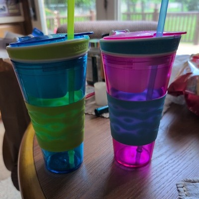 2 Snackeez 2 In 1 Drink & Snack Cups -Purple/Teal Blue/Neon Yellow w/Straws