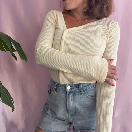 ASOS Design Cream Ribbed Button Front Long Sleeve Top Quiet Luxury Minimalist