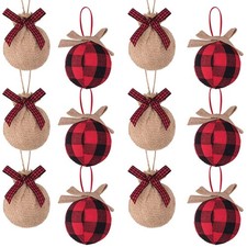 Christmas Tree Decorations, 12pcs Buffalo Plaid Burlap Farmhouse Christmas Ornam