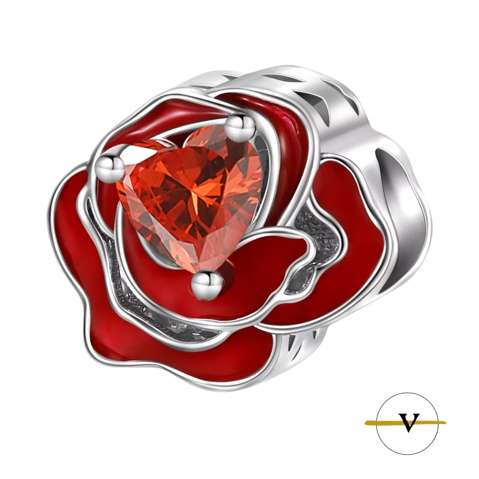 CHARM DONNA ROSA ROSSA ARGENTO 925 CUORE ZIRCONE ROSSO BRACCIALE BRACCIALETTO - Immagine 2 di 4