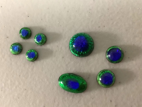Lot of 8 Antique Peacock eye green blue Czech foil glass beads cabochons for DIY