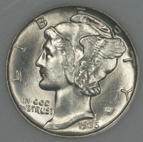 1935-D MERCURY DIME LUSTROUS GEM UNCIRCULATED NEAR-FB
