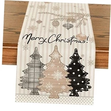  Stripes Pine Trees Merry Christmas Table Runner, 13" x 72", Table Runner Brown