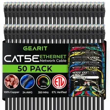 GearIt 50-Pack, Cat5e Ethernet Patch Cable 1 Foot - 1 (50-Pack), Black 