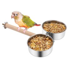 Bird Wood Stand Perch with Food Water Feeding Bowl for Parrot Parakeet Cockat...