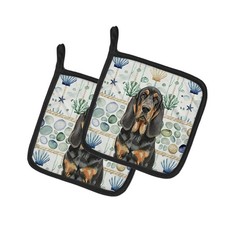 Caroline's Treasures Black Tan Bloodhound Coastal Sea Glass Pair of Potholders