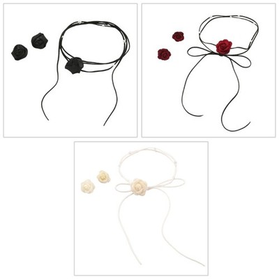 Camellia Jewelry Set Tie Strap Choker Necklace and Earrings for Fashion Lovers