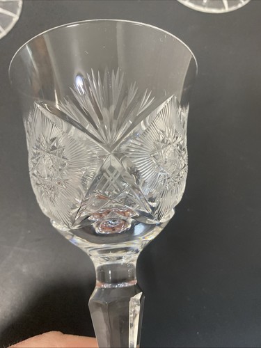 European Czech Bohemian Pinwheel Cut Crystal Wine Hock Goblets Glasses 6 Pc - Picture 4 of 10