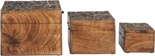 Elegant Brown Mango Wood Keepsake Boxes - Rustic Floral Design, Set of 3 - Picture 9 of 10
