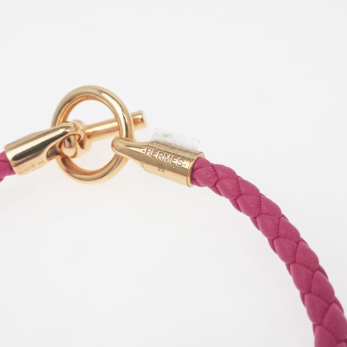 HERMES Glenan Bracelet Rose Mexico Braided Leather Gold Plated Toggle Authentic - Picture 6 of 9