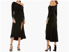 MAC DUGGAL  26485 FOLDOVER LONG SLEEVE JEWELED CUFF BLACK MIDI DRESS 12