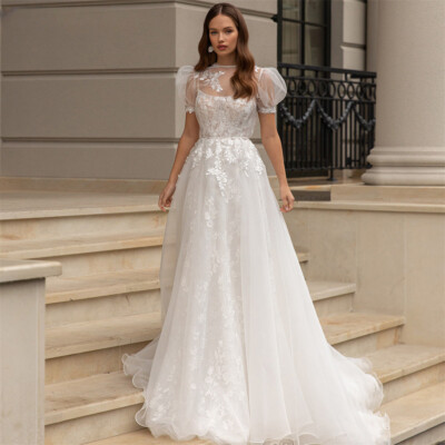 Elegant Lace Wedding Dresses A-line O-Neck Puff Short Sleeves Applique  Gowns | eBay