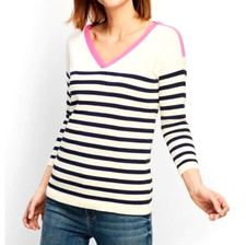 NEW Talbots White Navy Striped  Pink Trim 3/4 Sleeve Sweater 3/4 Sleeve Small