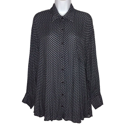 Koch Womens S Button Up Oversized Tunic Top Gray Dotted Long Sleeve Collared