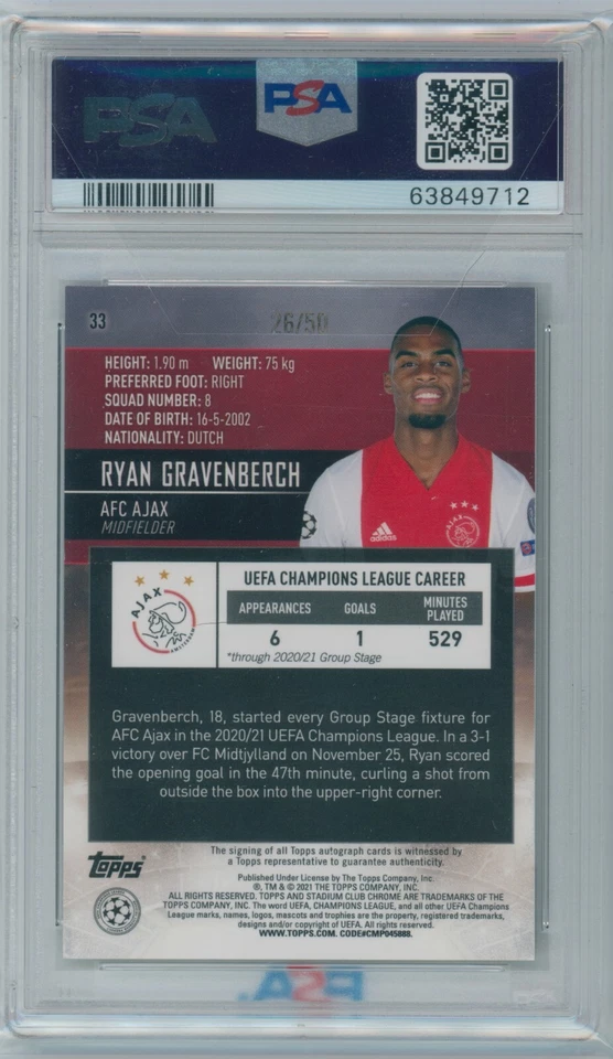 2020-21 Ryan Gravenberch Topps Stadium Club Chrome VAR Rookie Auto 26/50 PSA 9 - Image 2 of 3