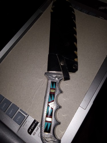 Indian Hunting /Vintage Bowie Knife Inlaid Turquoise and Sheath
