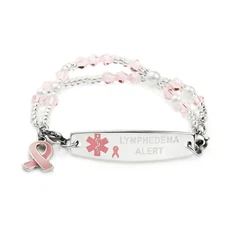 Medical Alert  No BP IV Needles Pink Ribbon Charm Double Strand Beaded Bracelet