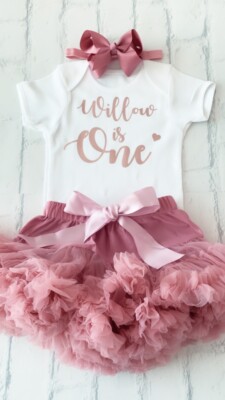 pink and gold first birthday dress Pink and Gold First Birthday Outfit Set for Girl – T Shirt, Tutu & Flower  Headband main image 0