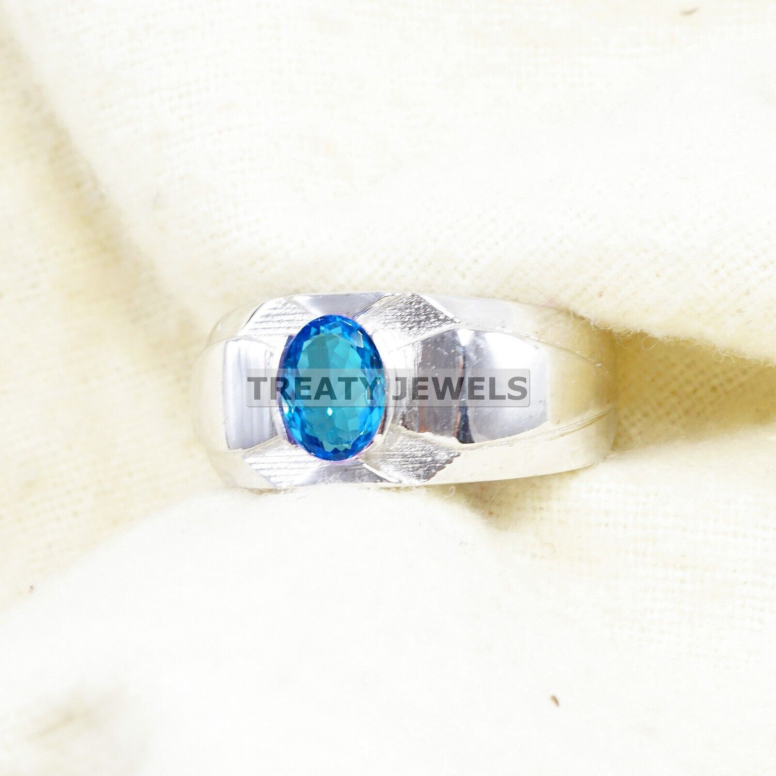 Blue Topaz Oval Cut Gemstone With 925 Sterling Silver Ring For Men's #A924