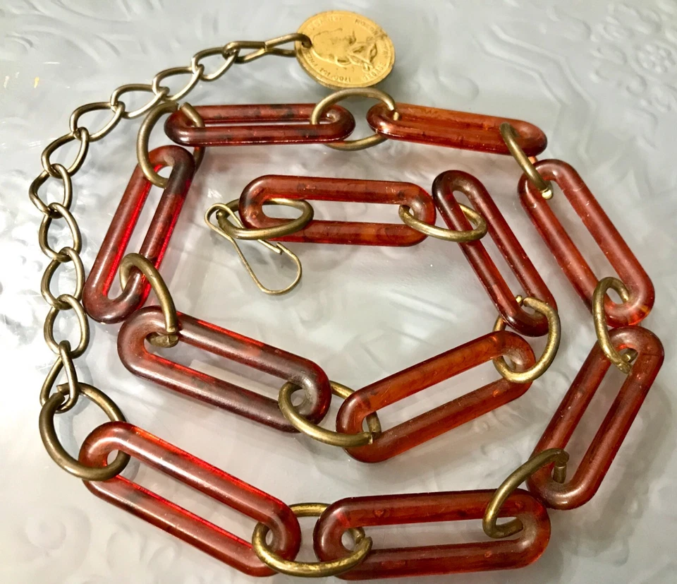 Cinturón de eslabones ámbar sintético vintage colgante cadena latón ajuste 25"-30" longitud Foto 2 de 4
