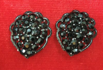 Vintage WEISS Lackierte Schwarze Emaille Strass Cluster Clip-On Ohrringe Cm 44