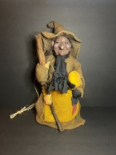 Vintage Halloween Spooky Burlap Witch Figure w/ Broom Pumpkin Decoration 16"