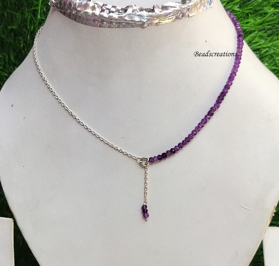 Ожерелья из чистого серебра с гранеными бусинами из натурального фиолетового аметиста - Изображение 2 из 4