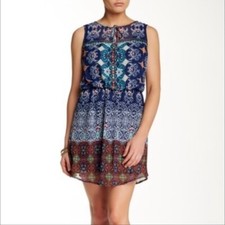 BeBop Blue & Orange Printed Chiffon Bohemian Sleeveless Midi Dress; SZ L; BNWT