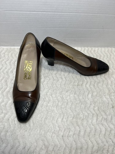 Salvatore Ferragamo Women’s Shoe Size 6B BROWN/BLACK Leather Pumps Heel Shoe - Picture 8 of 11