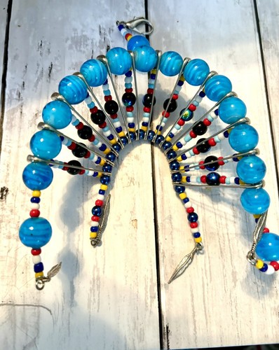 Handmade Native American Aqua Bead Safety Pin Head Dress Souvenir 5304 - Picture 4 of 6