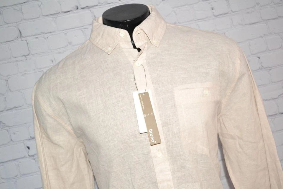 47172-a Bruno Hawaiian Shirt Tan Linen Cotton Blend Size Large Mens NEW - Image 4 of 4