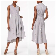 Calvin Klein Floral Embroidered Stripe Midi Sleeveless Wrap Dress Size 2
