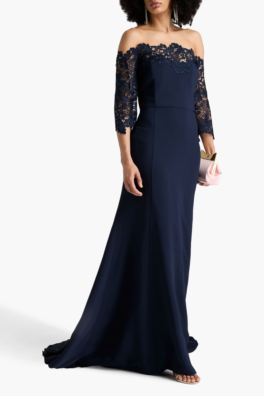 OSCAR DE LA RENTA £5770 Navy Crepe Guipure Lace Trim Gown Maxi Dress UK 20 US 16 image 5