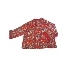 Vintage Neiman Marcus red Josie Mandarin Shirt Women's Red Floral Scene Sz L