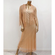 Vintage 2 PC Damianou Gold Shimmer Sheer Fringe Evening Dress Jacket Size S