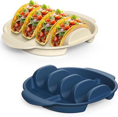 Taco Holder Set of 2 Silicone Reusable Stand Rack Tray with 4 Dividers Plates