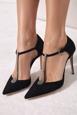 Brian Atwood Black Suede T-Strap Stiletto Heels Crystal Detail EU 39 US 8.5