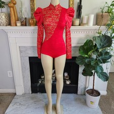 Weissman Red Gold Lace Dance Costume Leotard Lace Up Stretch 10690 Size Medium