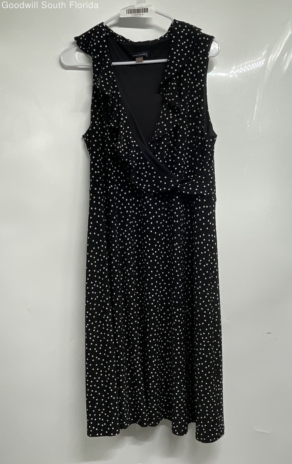 Tommy Hilfiger Womens Black White Polka Dot Ruffle Sleeveless Wrap Dress Size 16