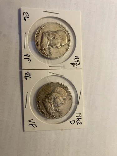 Lot Of 2 1952 /1962 D Franklin Half Dollar Circulated 90% Silver 50c Fine