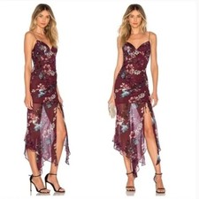 NICHOLAS Floral Asymmetric Maxi Dress | Size 4 AU 8 | Ruched Sheer Hem Burgundy